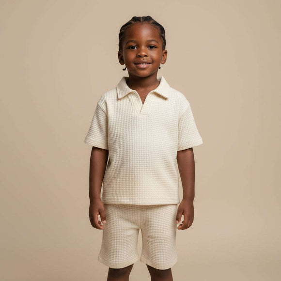 Boys Junior Ivory Camp Collar Polo With Short Set Ivory Nawao.com