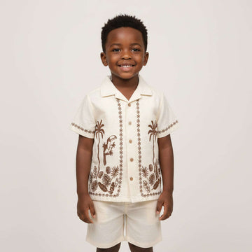 Boys Junior Ivory Embroidered S S Shirt   Shor Set Ivory Nawao.com