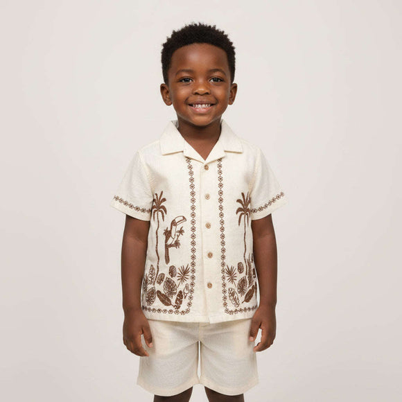 Boys Junior Ivory Embroidered S S Shirt   Shor Set Ivory Nawao.com