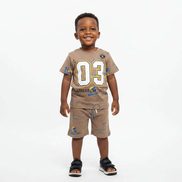 Boys Junior Legendary Crew All Over Print T Shirt   Short Nightsuit Brown Nawao.com