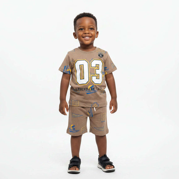 Boys Junior Legendary Crew All Over Print T Shirt   Short Nightsuit Brown Nawao.com