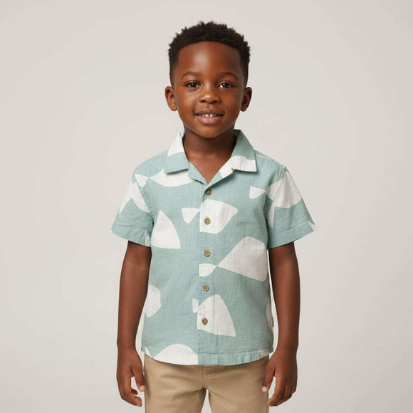 Boys Junior Lt Blue Fish Aop Shirt With Shorts Blue Nawao.com