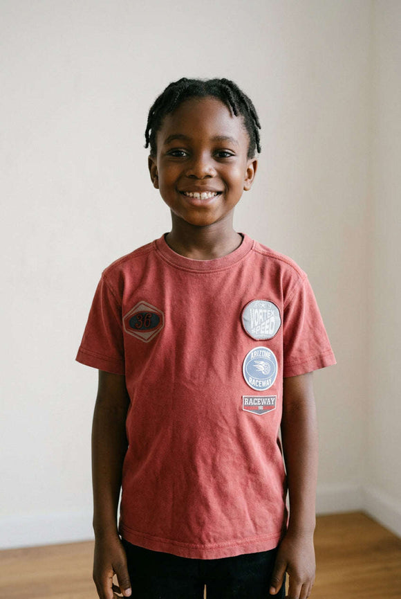 Boys Junior Red Acid Wash With Badges T Shirt  Red Nawao.com