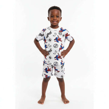 Boys Junior White Aop Spiderman T Shirt   Short Nst White Nawao.com