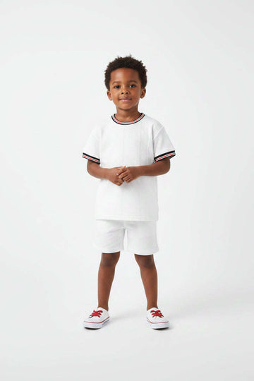 Boys Junior White Jaquard With Multi Color Rib Tee White Nawao.com