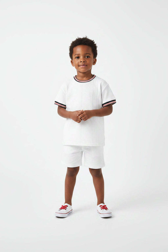 Boys Junior White Jaquard With Multi Color Rib Tee White Nawao.com