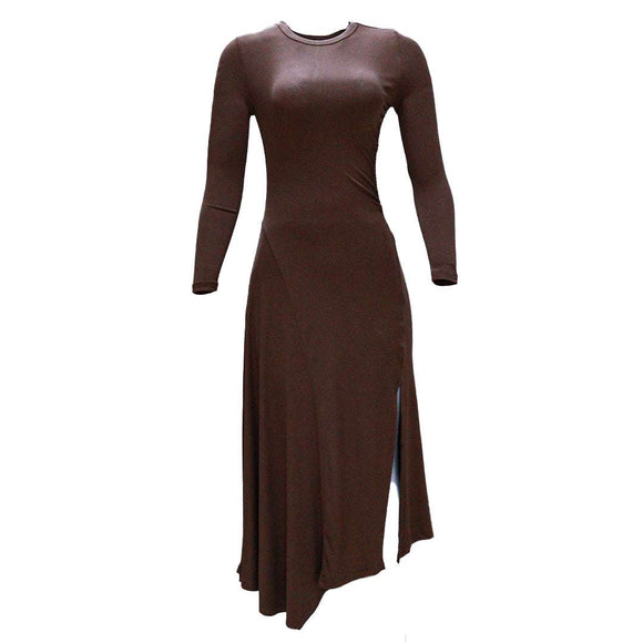 BROWN A LINE ROUCHED DETAIL DRESS Nawao.com