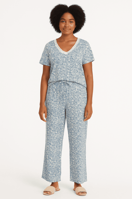 Brown Blue Floral Table Pyjama Set Nawao.com