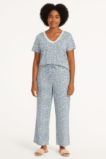 Brown Blue Floral Table Pyjama Set Nawao.com