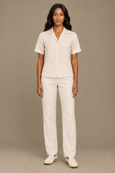 Button Front Collared Woven Shirt Beige Nawao.com