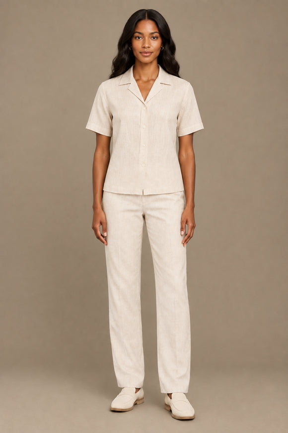 Button Front Collared Woven Shirt Beige Nawao.com