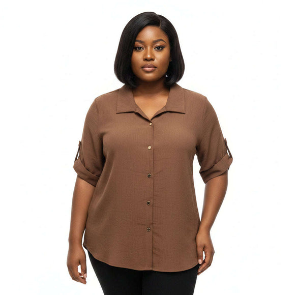 Button Front Collared Woven Shirt Brown Nawao.com