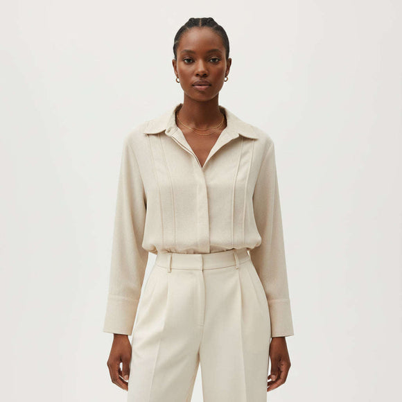 Collared Button Front Blouse Beige Nawao.com