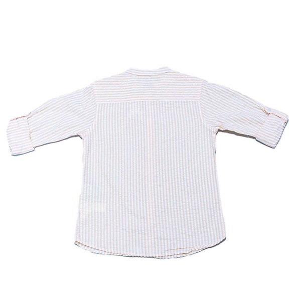 Coral Stripe Mandarin Collar Seersucker Shirt Nawao.com
