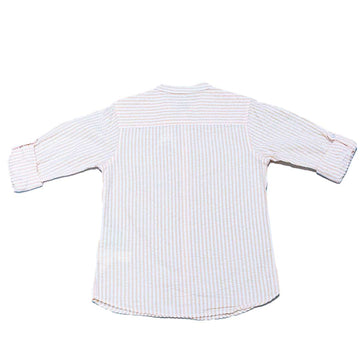Coral Stripe Mandarin Collar Seersucker Shirt Nawao.com