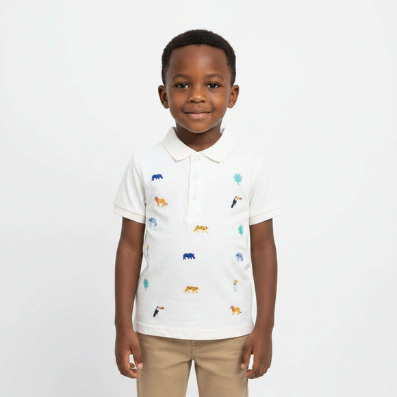 Cream Allover Embroidery Polo Cream Nawao.com