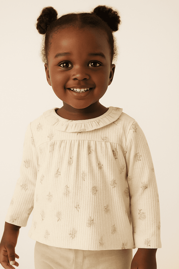 Cream Allover Print Long Sleeve Collared Blouse Cream Nawao.com