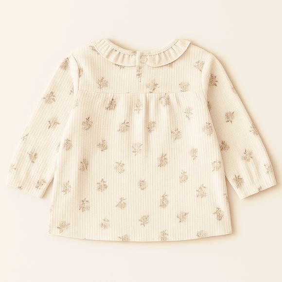 Cream Allover Print Long Sleeve Collared Blouse Cream Nawao.com