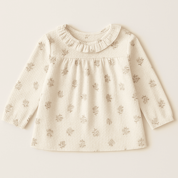 Cream Allover Print Long Sleeve Collared Blouse Cream Nawao.com