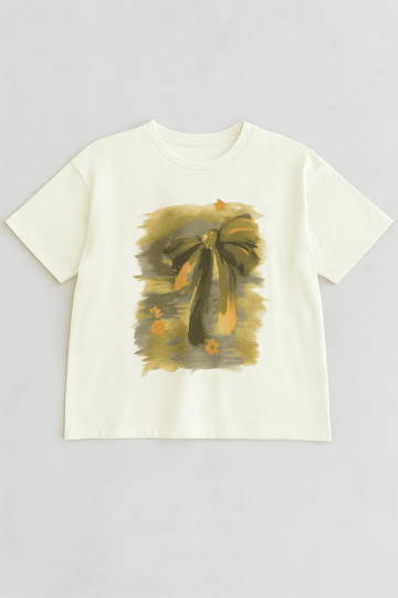 Cream Bow Print Oversize T Shirts White Nawao.com