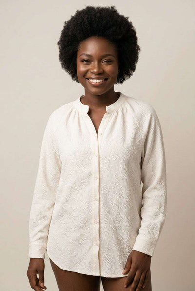 Cream Button Front Textured Top Cream Nawao.com