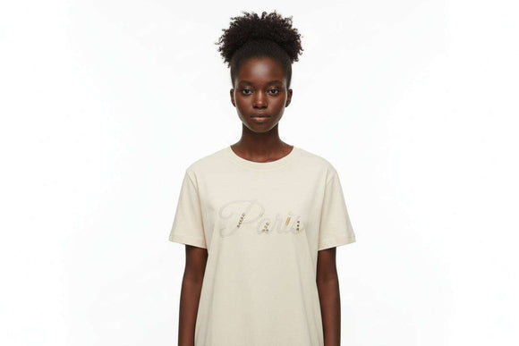 Cream Embellished T Shirt Cream Nawao.com