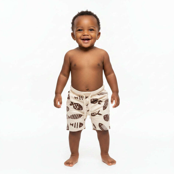 Cream Fish Prnted Active Shorts Cream Nawao.com