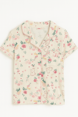 Cream Floral S S Front Placket Shirt Yummy Fabric Pajama Sets Assorted Nawao.com