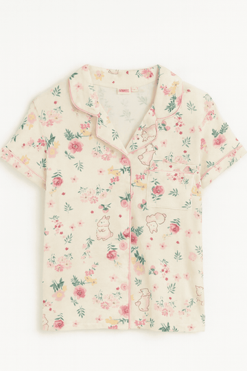 Cream Floral S S Front Placket Shirt Yummy Fabric Pajama Sets Assorted Nawao.com
