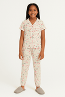 Cream Floral S S Front Placket Shirt Yummy Fabric Pajama Sets Assorted Nawao.com
