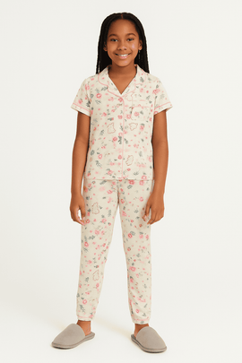 Cream Floral S S Front Placket Shirt Yummy Fabric Pajama Sets Assorted Nawao.com