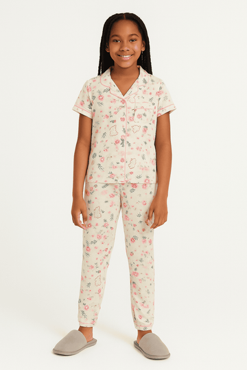 Cream Floral S S Front Placket Shirt Yummy Fabric Pajama Sets Assorted Nawao.com