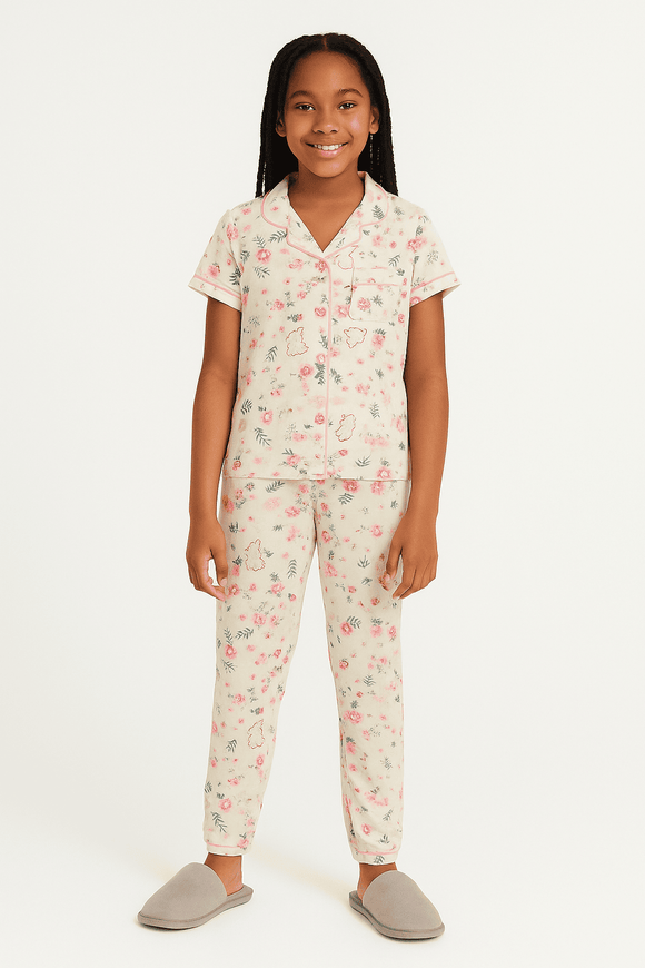 Cream Floral S S Front Placket Shirt Yummy Fabric Pajama Sets Assorted Nawao.com