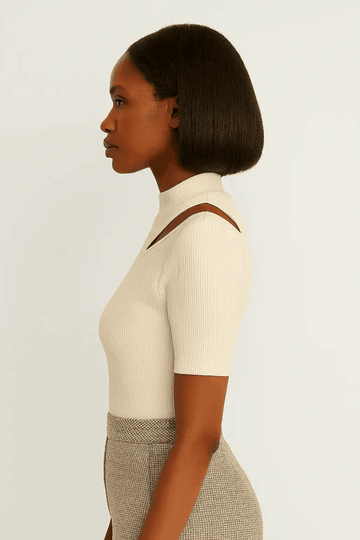 Cream High Neck Cutout Detailed T Shirt Cream Nawao.com