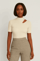 Cream High Neck Cutout Detailed T Shirt Cream Nawao.com