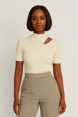Cream High Neck Cutout Detailed T Shirt Cream Nawao.com