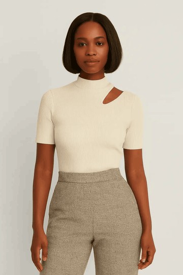 Cream High Neck Cutout Detailed T Shirt Cream Nawao.com