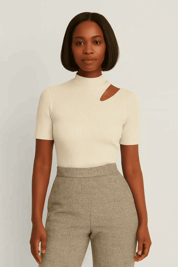 Cream High Neck Cutout Detailed T Shirt Cream Nawao.com
