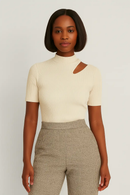 Cream High Neck Cutout Detailed T Shirt Cream Nawao.com
