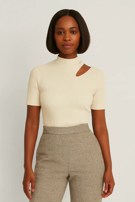 Cream High Neck Cutout Detailed T Shirt Cream Nawao.com