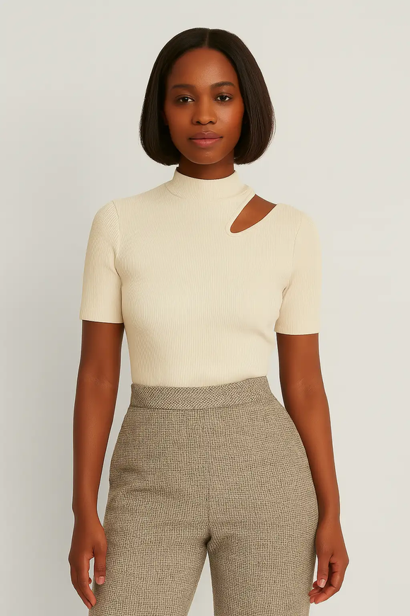 Cream High Neck Cutout Detailed T Shirt Cream Nawao.com