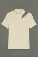 Cream High Neck Cutout Detailed T Shirt Cream Nawao.com