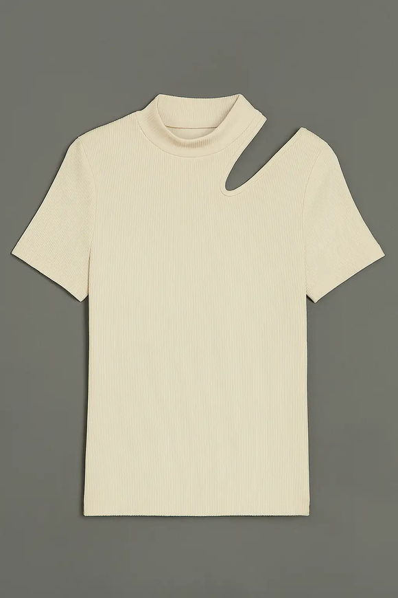 Cream High Neck Cutout Detailed T Shirt Cream Nawao.com