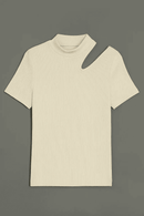 Cream High Neck Cutout Detailed T Shirt Cream Nawao.com