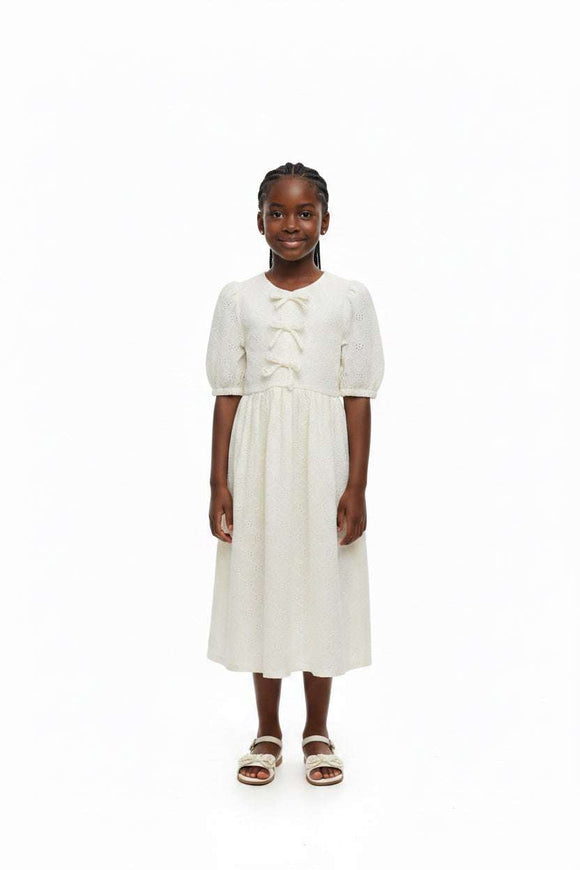 Cream Laser Cut Dress With Front Bow Cream Nawao.com