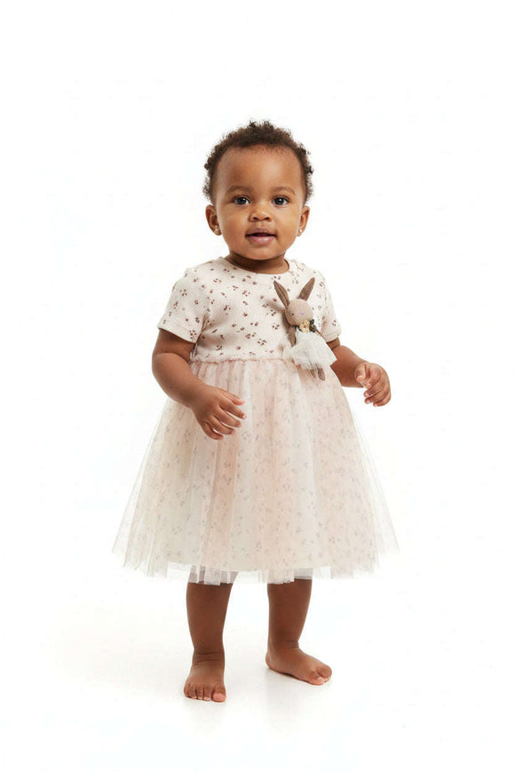 Cream Mesh Dress With 3D Assorted Nawao.com