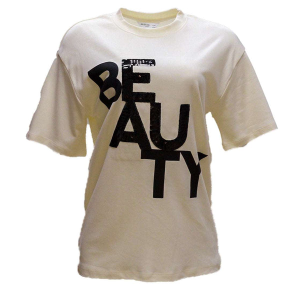 Cream Oversized Embellished T Shirt Nawao.com