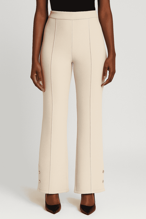 Cream Wide Leg Trousers With Button Detail Nawao.com
