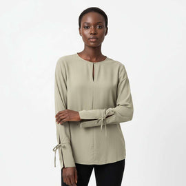 Crew Neck Cuff Deatil Crepe Blouse Green Nawao.com