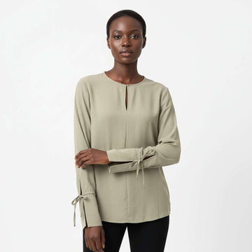 Crew Neck Cuff Deatil Crepe Blouse Green Nawao.com